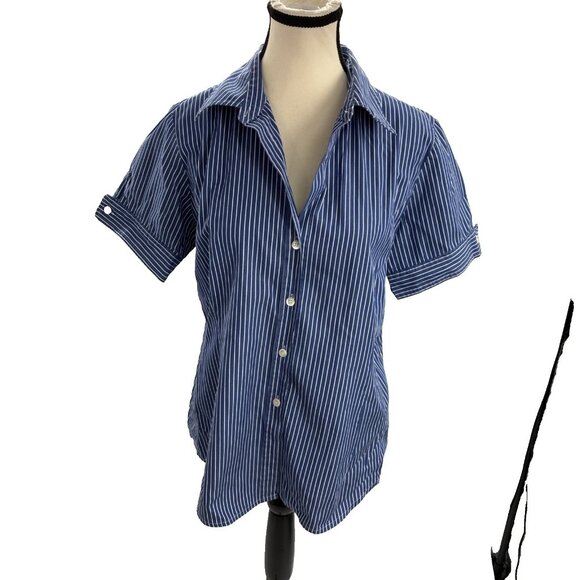 Talbots Womens Size 16P Shirt Blue White Striped Button Front Short Sleeve Top - Picture 1 of 7